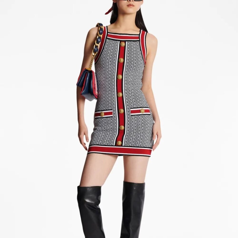 NEW WITH TAGS!!! BALMAIN Button-Embellished Monogram Minidress Size 40FR 8US